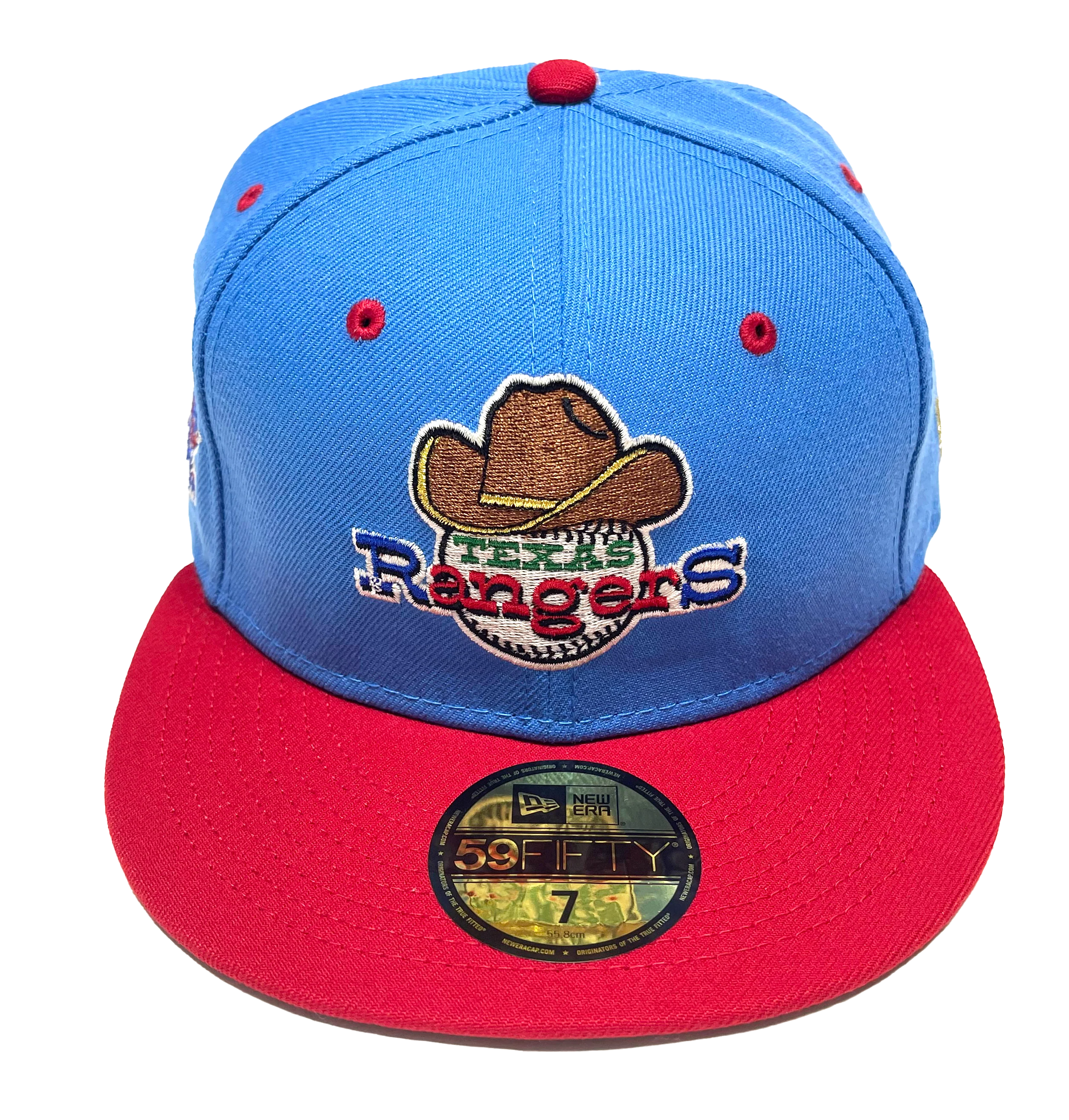 NEW ERA “ANGRY TEXANS” TEXAS RANGERS FITTED HAT (AIR FORCE BLUE/SCARLET)