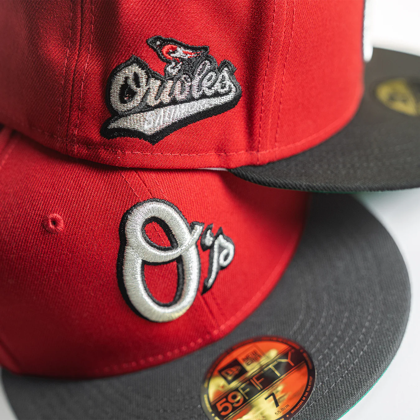 NEW ERA "LETTERMAN" BALTIMORE ORIOLES FITTED HAT (RED/BLACK/METALLIC SILVER) (SIZE 7 1/4, 7 3/8 & 7 5/8) - Image 6